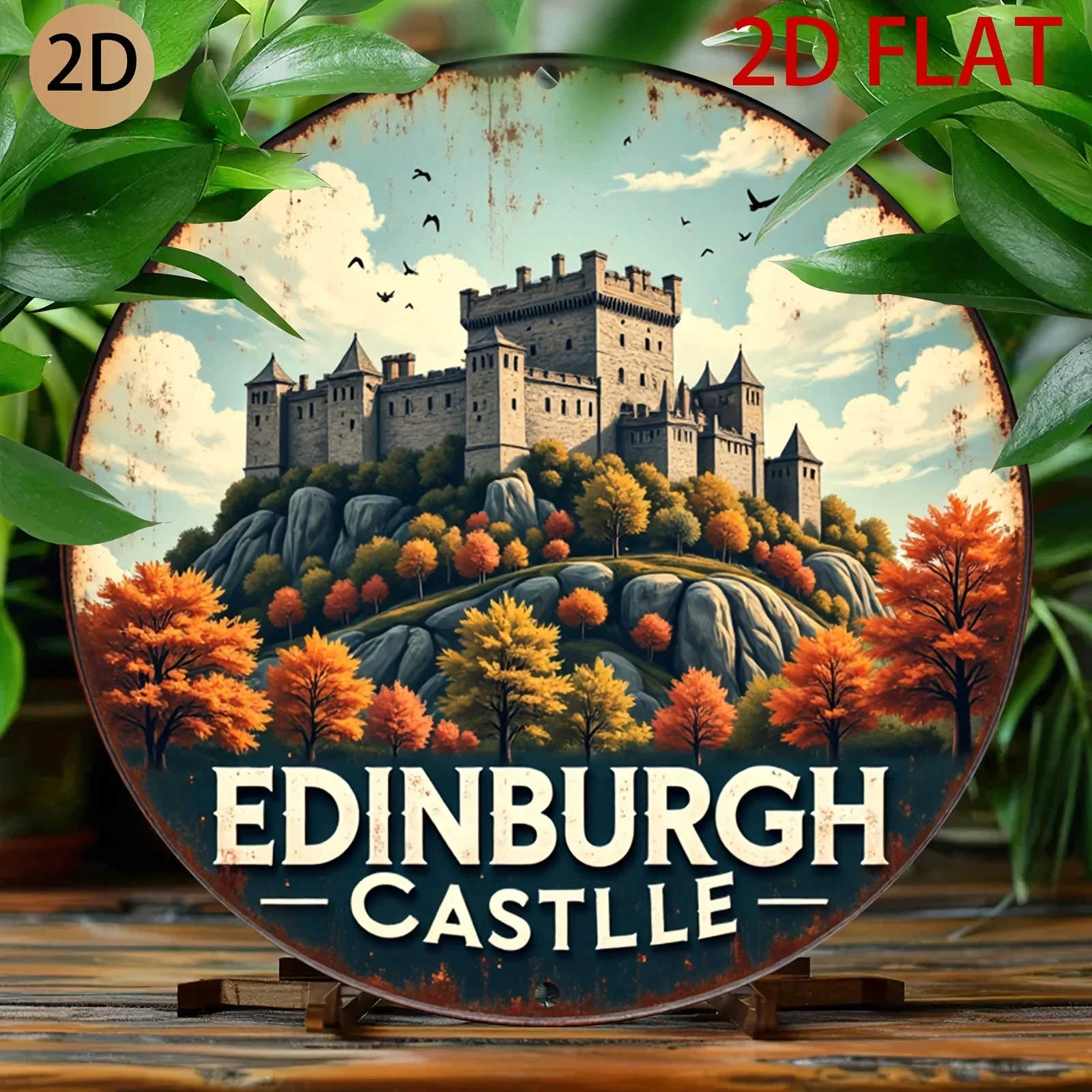 2D Flat Circular Tin Metal Sign, Edinburgh Castle Design, Wall Art for Home, Cafe, or Study Room, 2D Flat, Perfect for Room Decoration