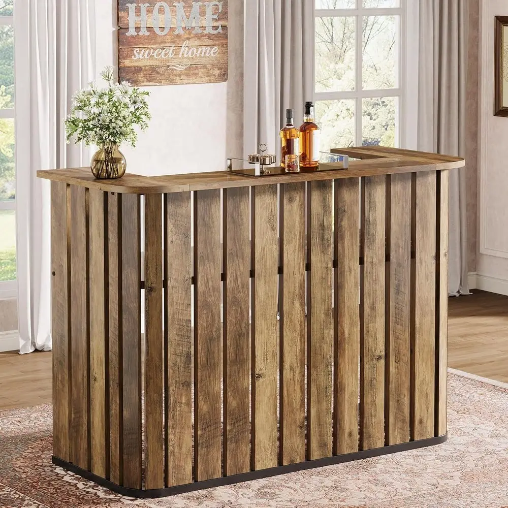 

63 63-Inch Rustic Brown Home Bar Unit with Storage Shelves and 2-Tier Wine Rack