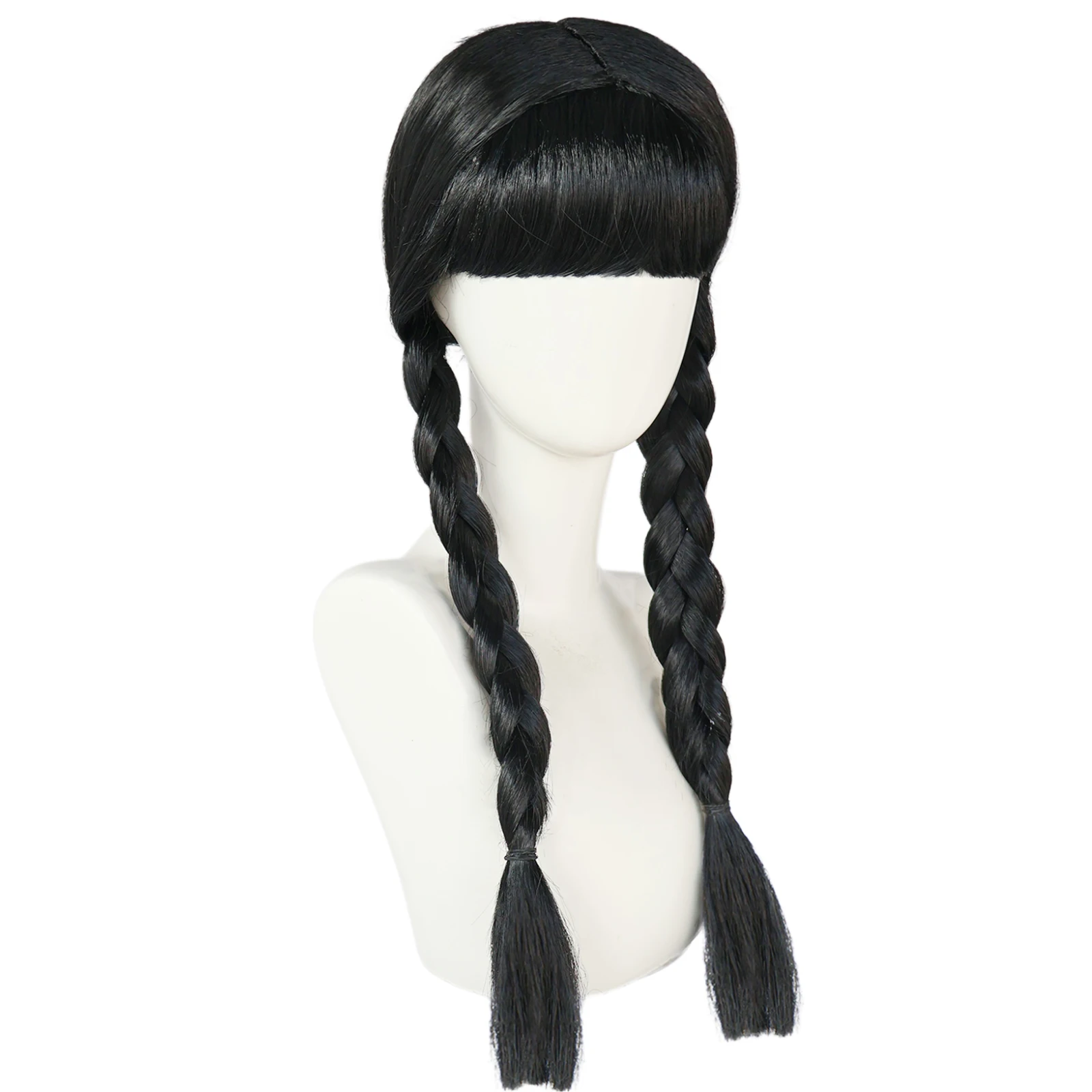 Black Long Double Braid Synthetic Wig with Straight Bangs, Cosplay Wig for Festival Party Halloween , Dark Style Dress Up Hair