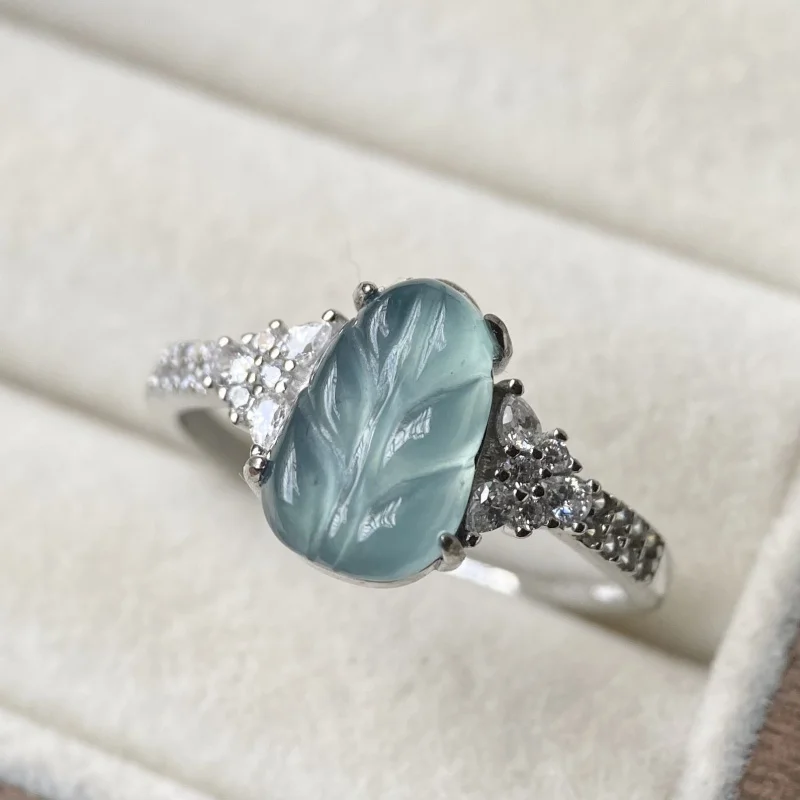 Natural Dangerous Material Blue Jade New Design Leaf Ring 925 Silver Inlaid