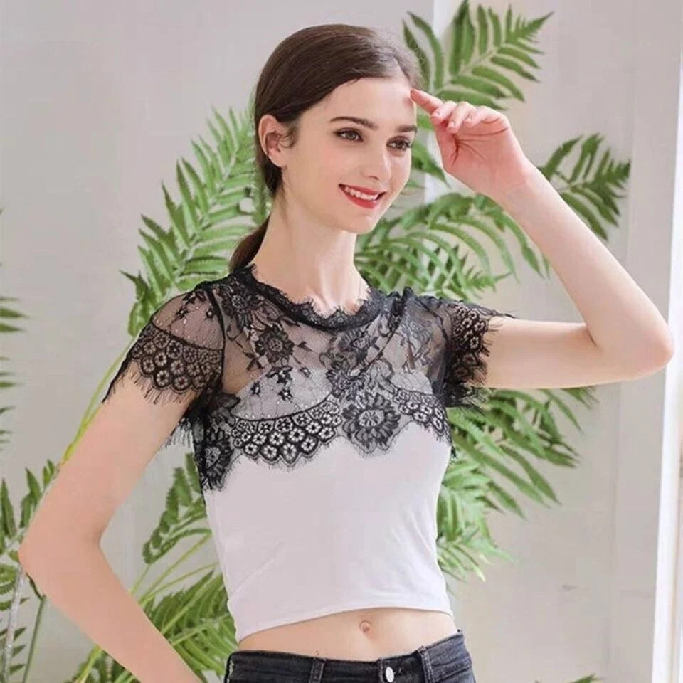 New Korean Sle Lace Cover up ort Sve round Ne Hollow out Fake Collar Women's Top Versatile Base Layer Summer T-irt