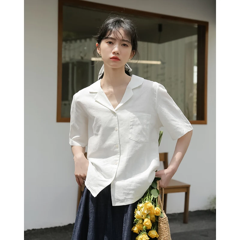 

Summer New Women's Soft Cotton Linen Shirt V-neck Gentle Outerwear Top Large Size Commute Style Artistic Regular Fit Short Sl...