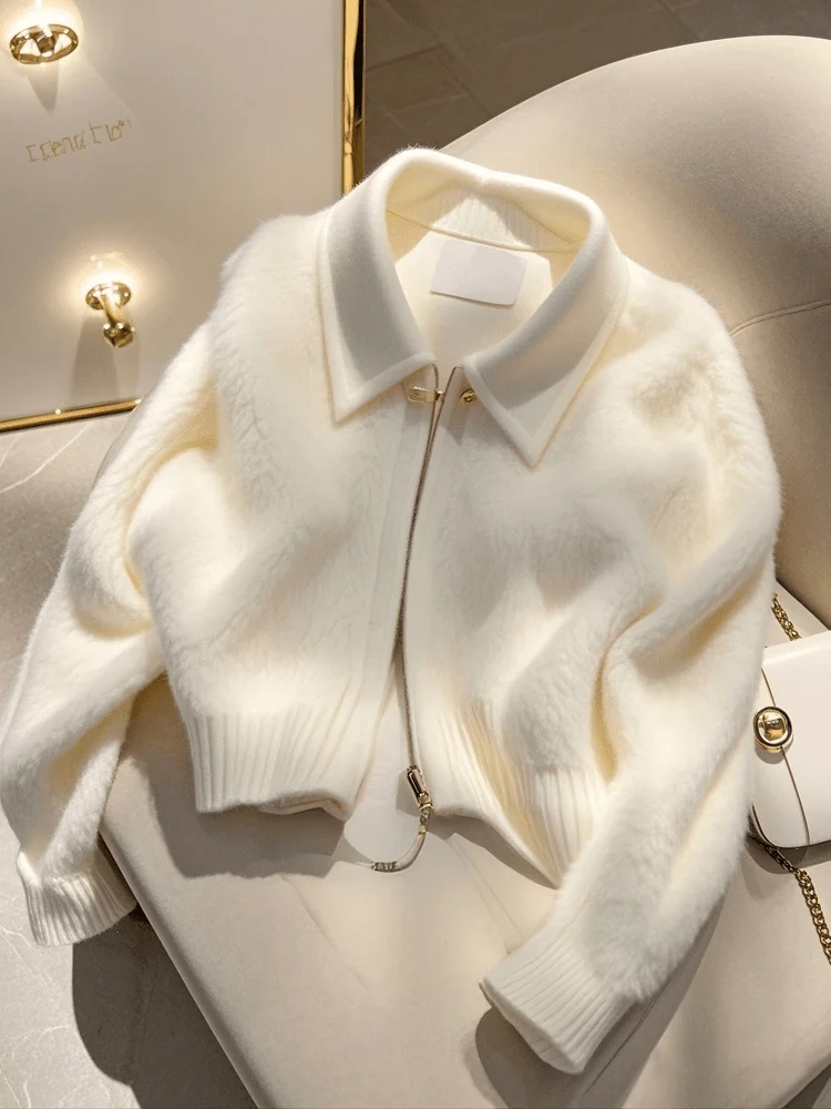 

White Zipper Collar Sweater Jaet Women's ort Sle Autumn Outerwear Cardigan Top Faionable Casual Comfortable