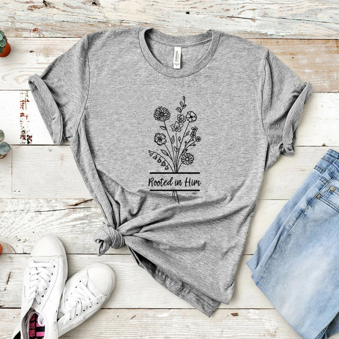Rooted In Him Christian T Shirt Colossians 2:6-7 T-Shirt Women Tshirts Graphic Tee Cute Wildflower Tshirt Faith Based T-shirt