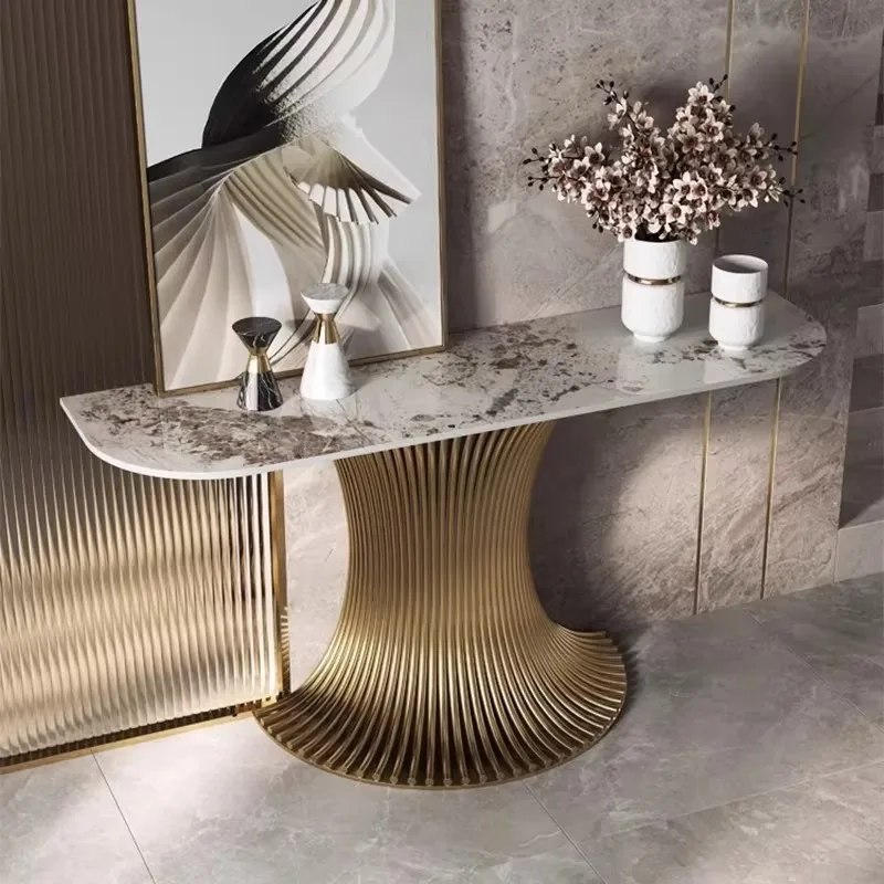 Luxury Curved Titanium Gold Console Table, Sintered Stone Top Entryway Accent Table for Hallway Living Room Home Decor