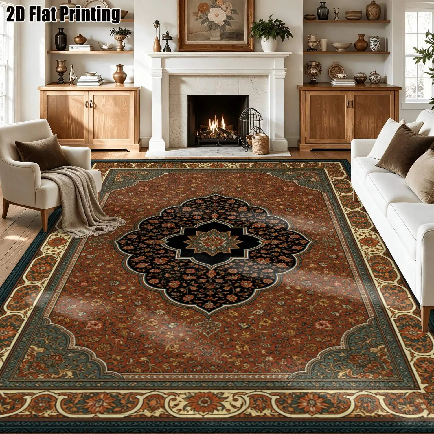 1Pc 2D Printed Retro Red-Brown Floral Geometric Vintage European Bohemian Carpet, Machine Washable, Multi-Size, for Home Decor Such as Entryway/Dining Room/Bedroom/Living Room Mats