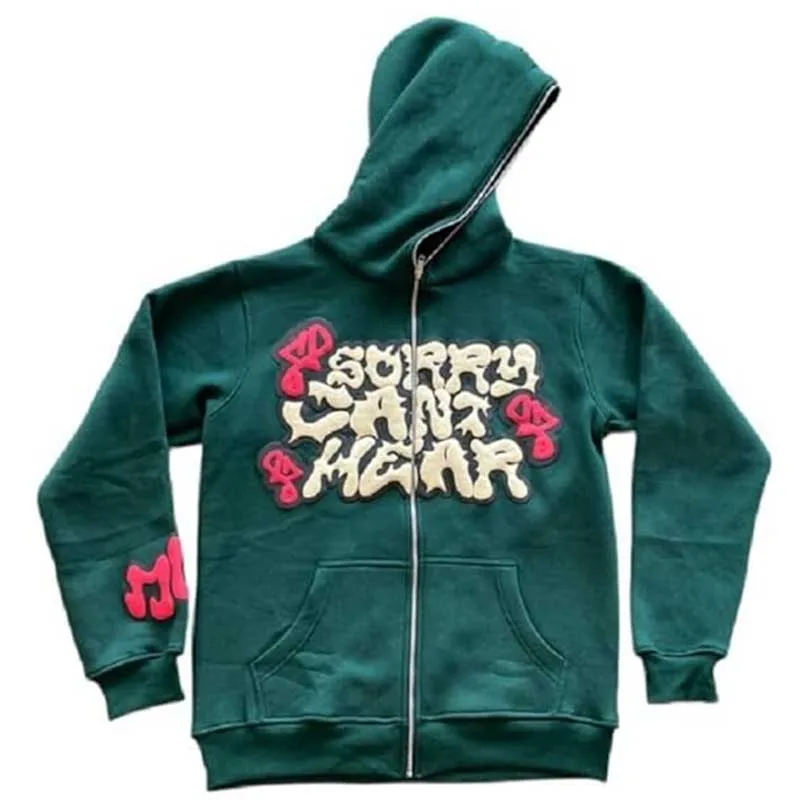 BIG PROMOTION y2k European American Autumn/Winter Men\'s New Foam Printing Letter Street Trend Loose Hooded Zipper Sweater