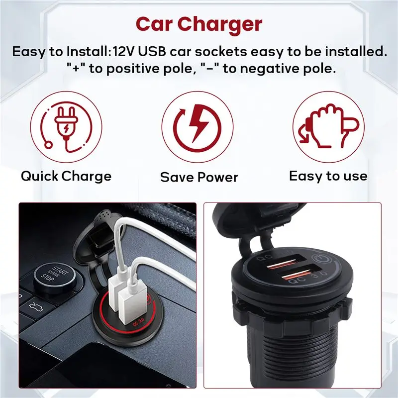 QC 3.0 Dual USB Socket,Waterproof 12V/24V USB Outlet With Touch-Switch For Car, Marine,Boat,RV,Motorcycle-T61C