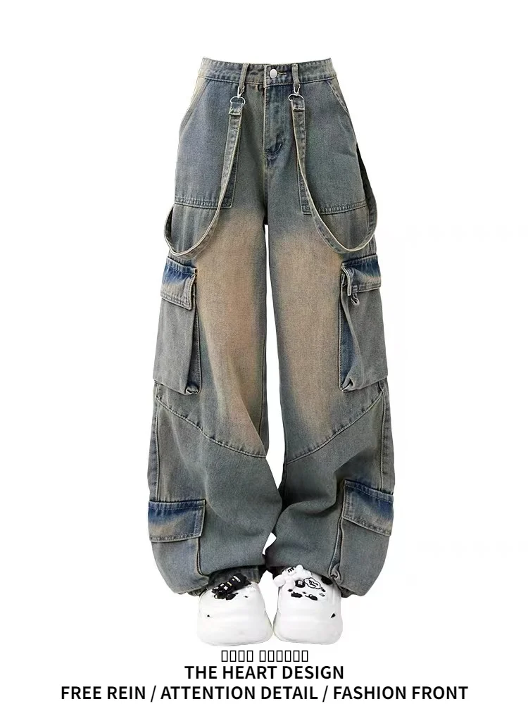 

Retro High Waist Denim Jeans Women's Autumn Durable Workwear Pants Faded Design Straight Leg Floor-Length with Pocket