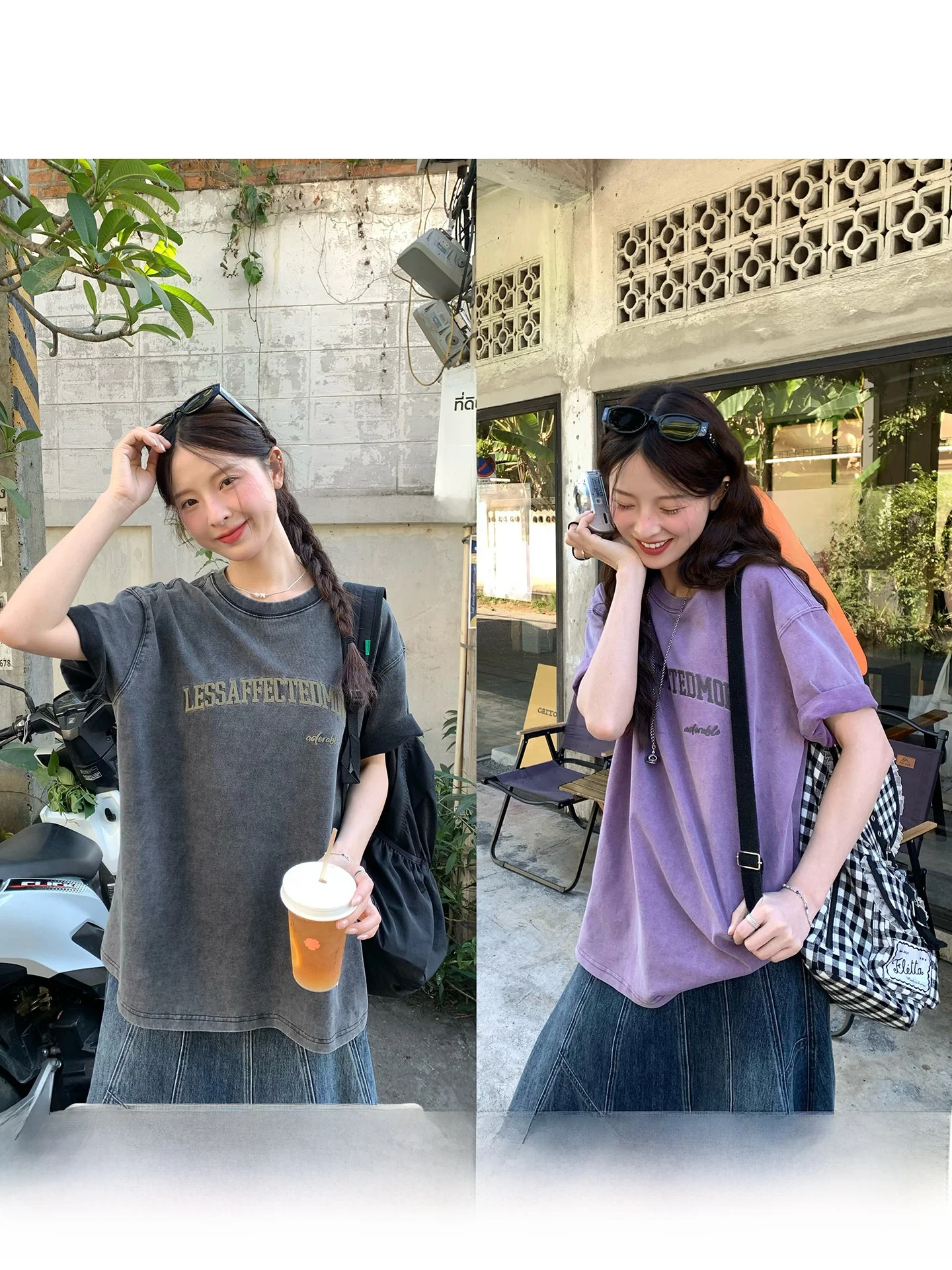

WHYSTUDIO Vintage Washed Brushed Short Sleeve T-Shirt Spring Summer Loose round Neck Letter Print Casual Cotton Top