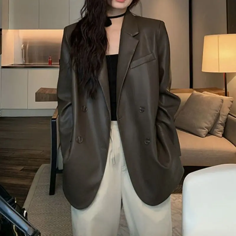 

Exclusive PU Leather High-end Style Street-wear Loose Casual Black Dress Suit