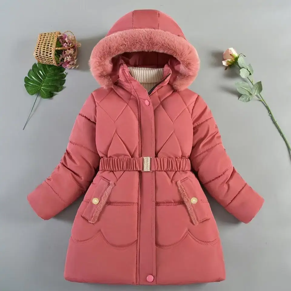 -20°C Winter New Plush Girls Jacket Long Solid Color Plush Padding Hooded Coat For 5-10Y Teen Girls Thick Warm Down Snowsuit
