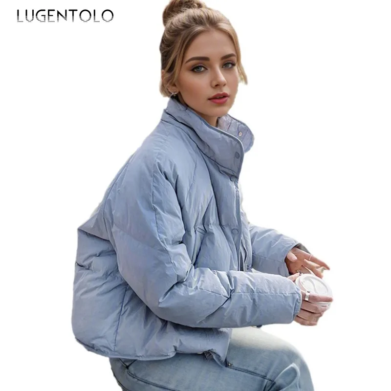 Women Casual Parkas 2024 Simple Loose Down Cotton Warm Bread Jacket Fashion Stand Collar Diagonal Slip Pockets Cropped Snow Suit