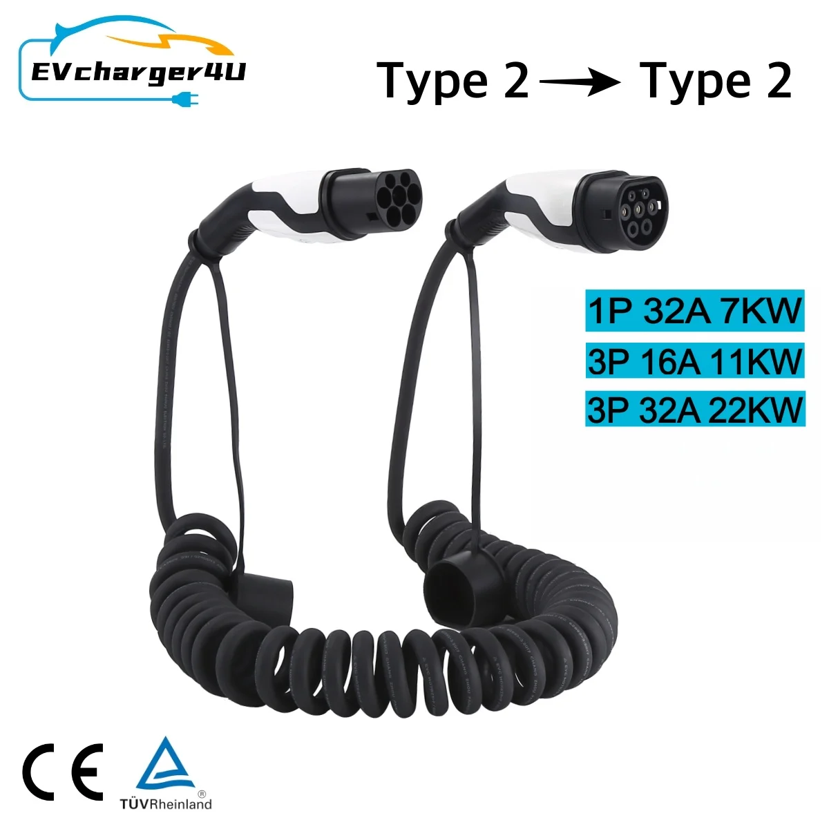 EVcharger4U Type 2 EV Charging Spiral Cable 5M/7M 1Phase/3Phase 16A/32A 7KW/11KW/22KW Mode 3 Coiled Cord for Electric Car CE TUV