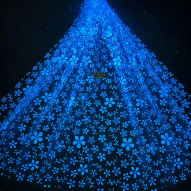 

10 Yards Blue Noctilucent Patterned Wedding Dress Fabric with Mesh Gold Spray Lace 150cm Wedding Party Spray gold Tull fabri