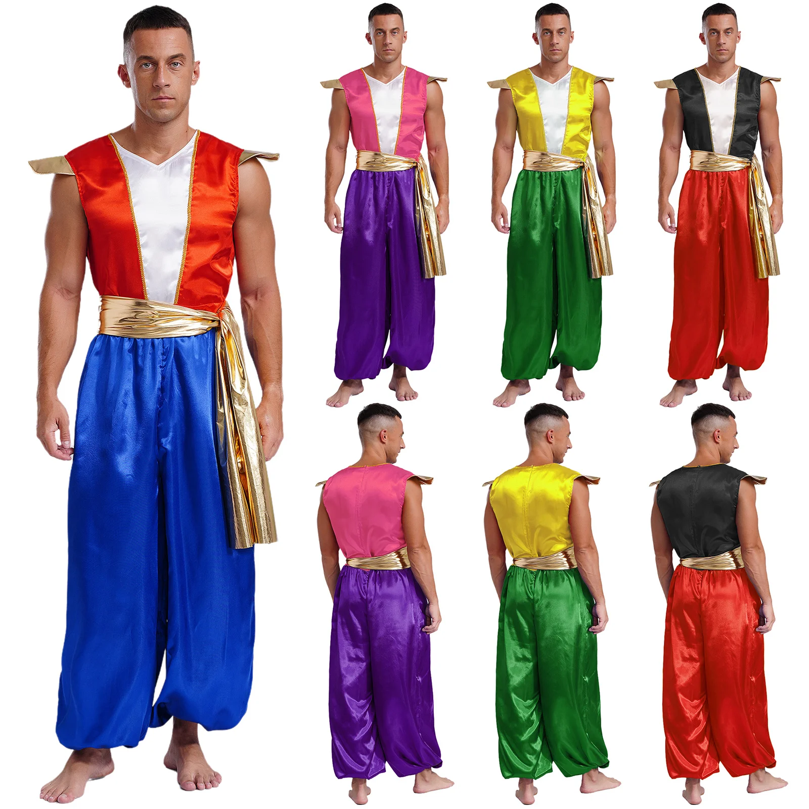 Arabian Costume Men Arabian Prince Fly Sleeve Satin Jumpsuit with Metallic Belt for Halloween Party Role Play Fancy Dress Up