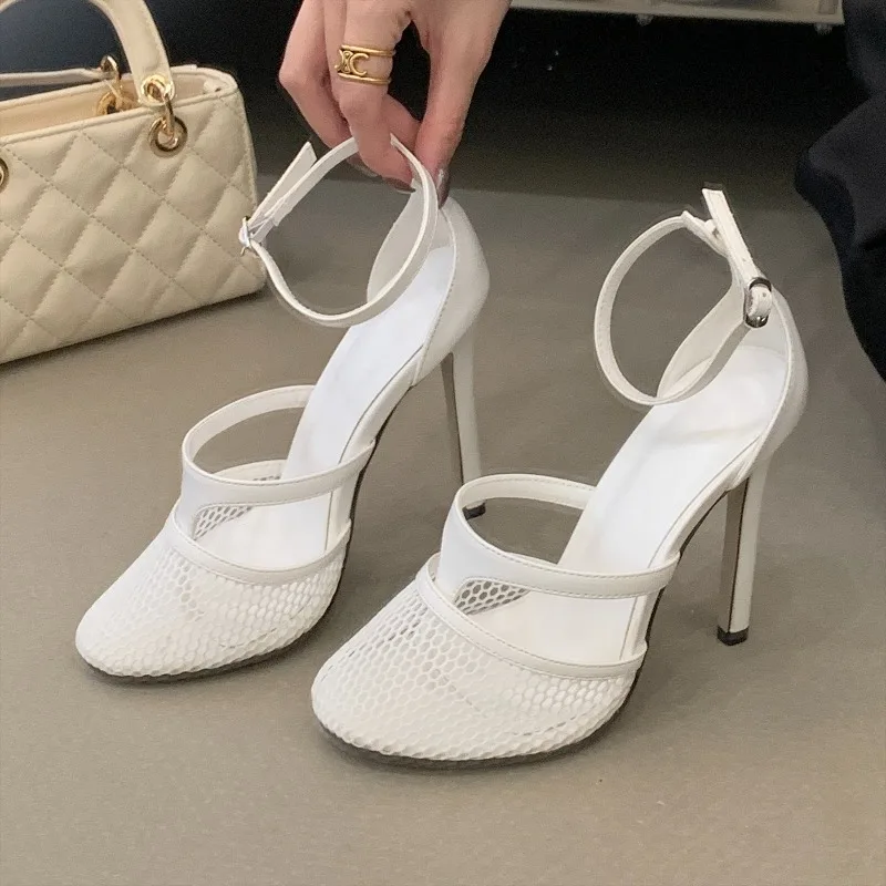 

Aneikeh White Mesh Ankle Strap High Heels Pumps Round Toe Thin Stiletto Sandals Elegant Summer Party Ladies Dress Heeled Shoes