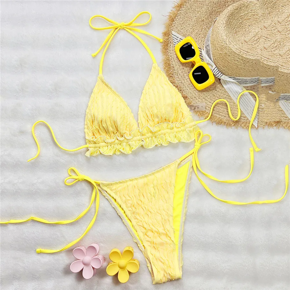 

Желтые стринги с лямкой на шее, треугольные микро-бикини, стринги с рюшами, сексуальный купальник, женский купальник 2021, комплекты бикини для купания, De Mujer