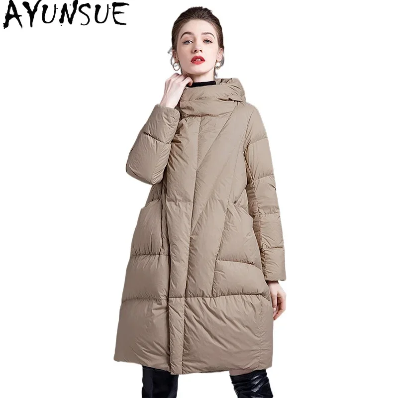 AYUNSUE White Duck Down Puffer Jacket Women Winter Luxury Clothes Mid Length Down Coats Oversize Outerwears 2024 Пуховик Женский