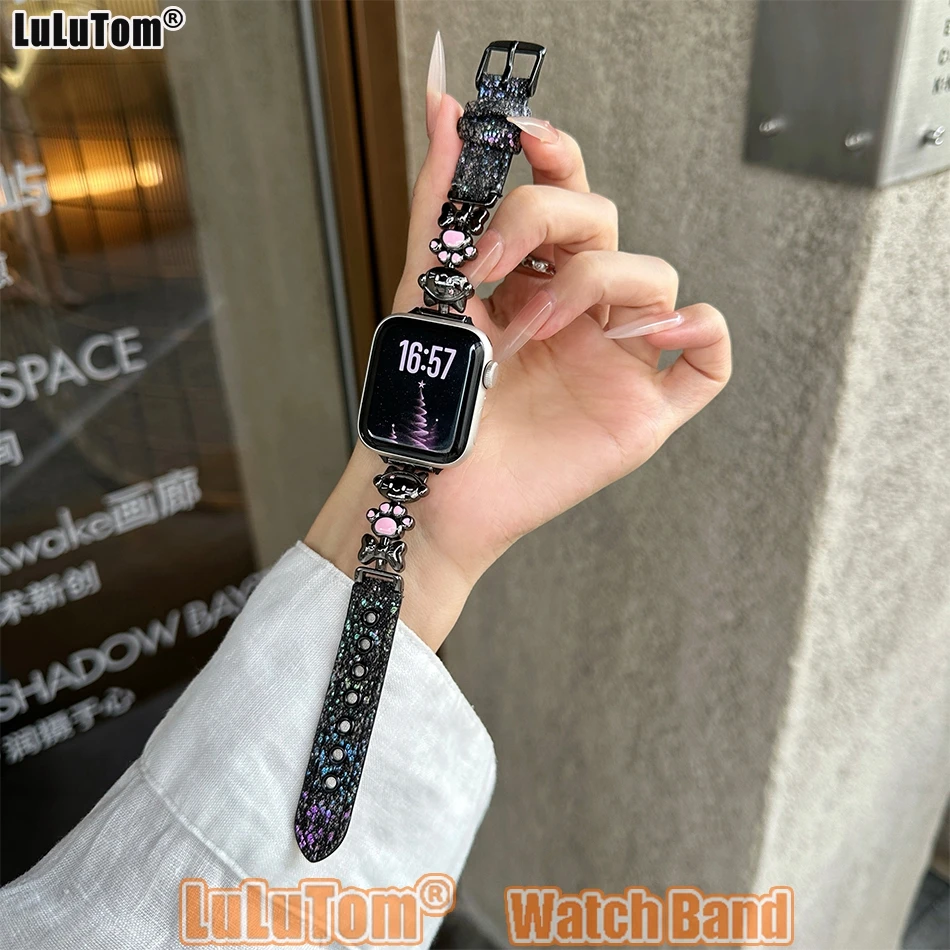 

Cute Music Cat Strap for Apple Iwatch Series 11 10 9 8 7 6 5 SE Ultra Watchband 38 40 41 42 44 45 46 49mm Denim Leather Bracelet