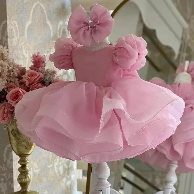 Pink Flower Girl Dress New Princess Puffy Dress First Birthday Party Piano Performance Dress Sheer Puffy Pearl Style