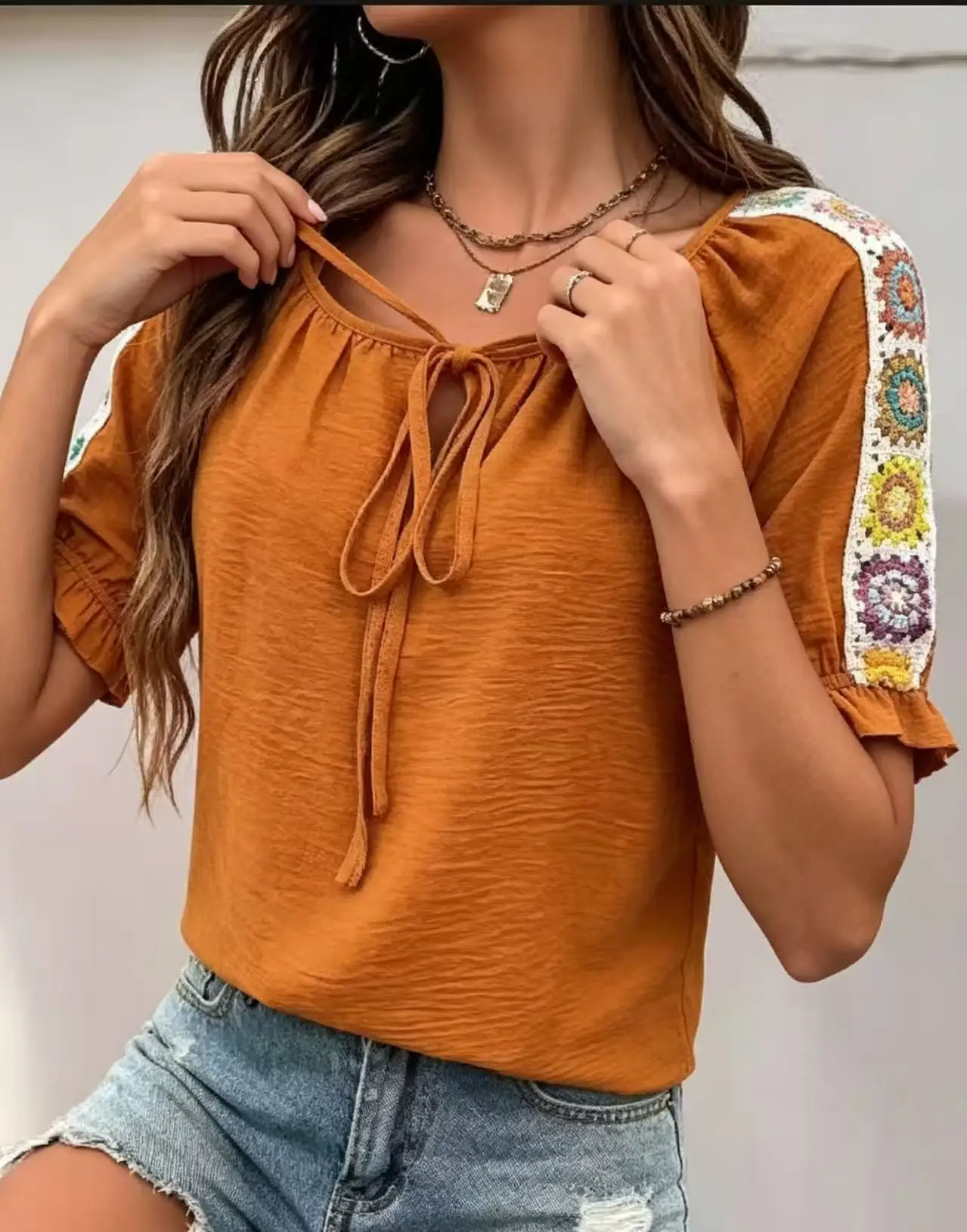 Boho Women's Blouse Tie Front Neck Short Ruffle Sleeve Ethnic Crochet Splice Casual Daily Top view 5
