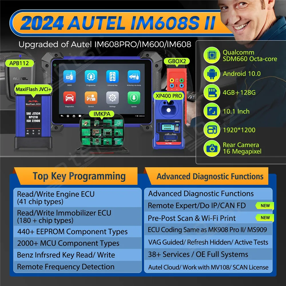 Autel MaxiIM IM608 II Full Kit 2024 Top Key Fob Programming Tool, Car Diagnostic Tool OBD2 Scanner, OE ECU Coding Bidirectional