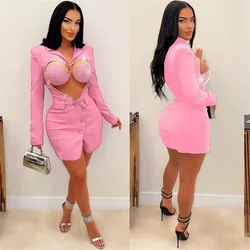 Party Nightclub Cut Out Special Occasion Birthday Women Love Diamonds Sparkly Blazer Style Dress with Bra Vestidos