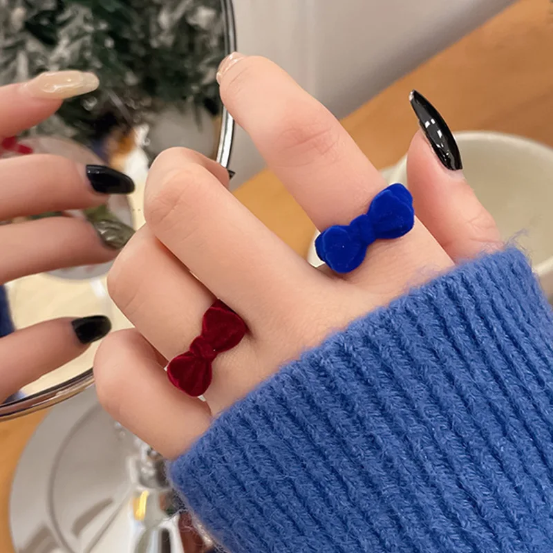 Flocking Velvet Bowknot Finger Ring For Women Vintage Blue/Wine Red/Black Color Open Adjustable Handmade Rings Party Jewelry