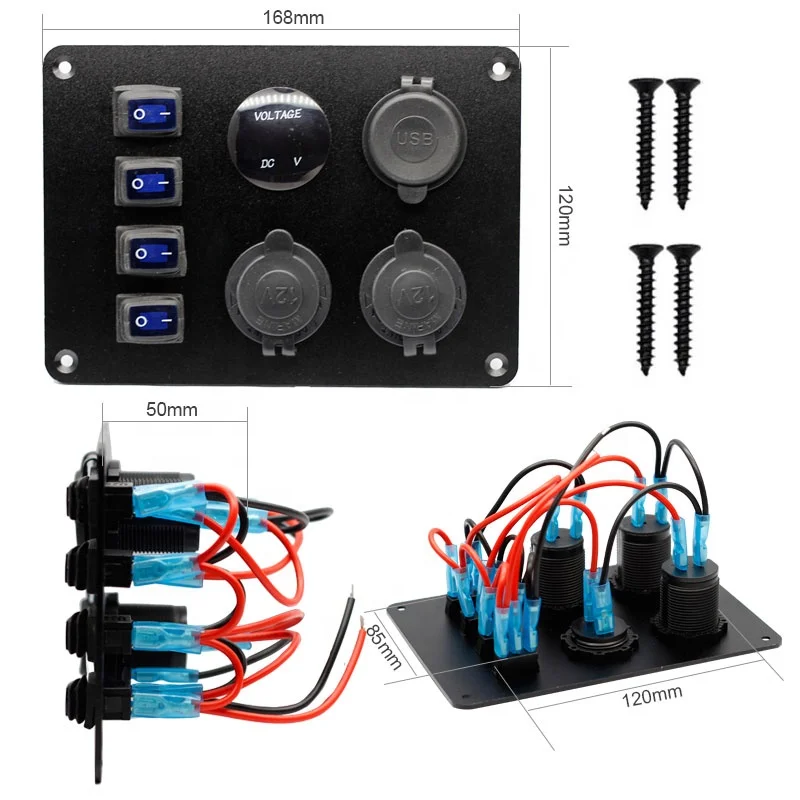 4 Gang Rocker Switch Panel with USB Charger Voltmeter Waterproof 12V-24V DC Rocker Switch with 4.2A Dual USB Charger and Night