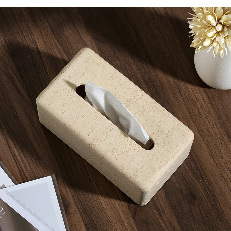 Wabi-sabi wind tunnel stone napkin box household light luxury living room decoration coffee table tissue holder