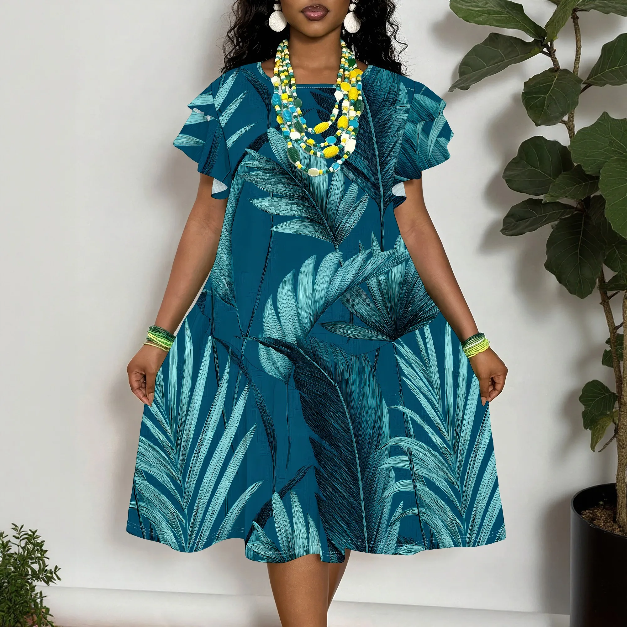 Tropical Leaf Print Short Sleeve Dress Women's Loose Fit Summer Casual Swing Midi Dress