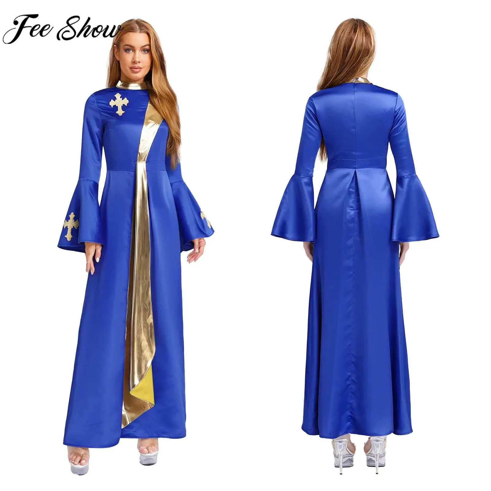 

Women Long Sleeve Cross Embroidery Pastor Robe Cassock Halloween Priest Clergy Cosplay Costume Minister Church Choir Tunic Dress