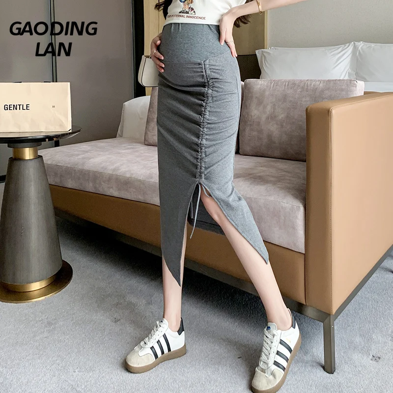 

GAODINGLAN Pregnant Woman Threaded Cotton High Waisted Abdominal Support Skirts Large Size Adjustable Waist Slit Maternity Skirt