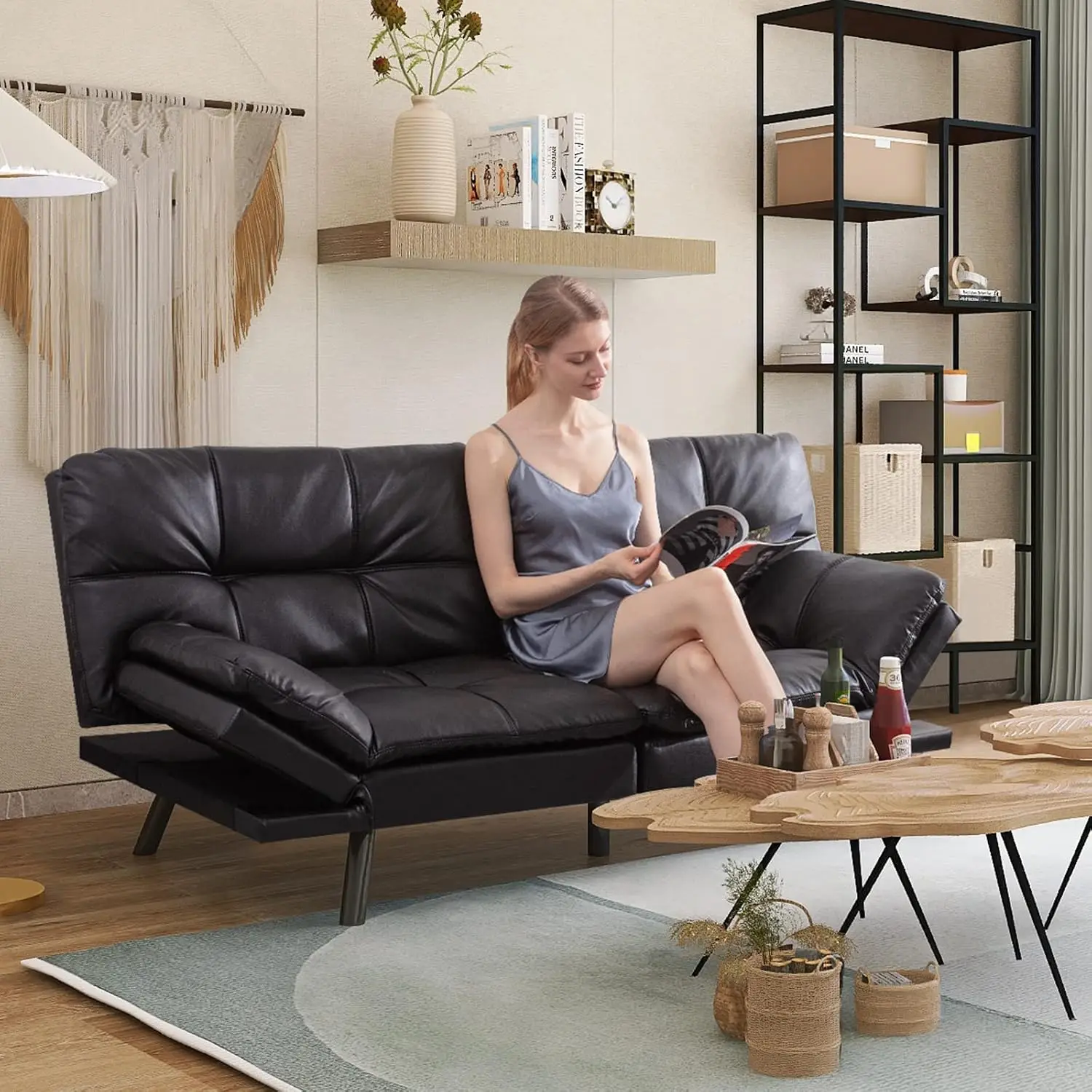 Faux Leather Futon Sofa Bed with Split Back, Folding Sleeper with Foam Mattress & Frame for Small Space Dorm Office, Customized