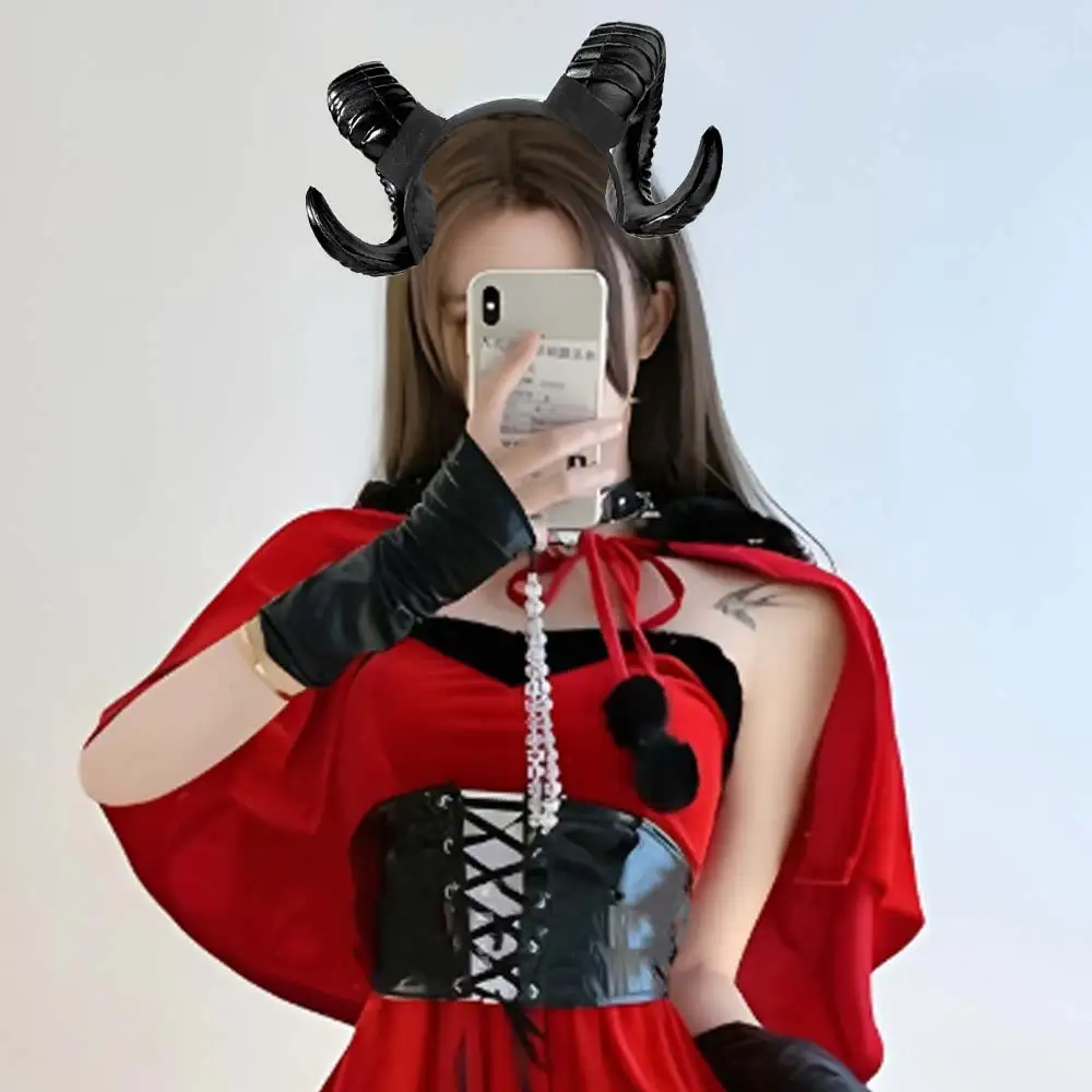 Artificial Black Demon Horn Headwear Realistic Gothic Halloween Devil Headband Reusable Unisex Goat Horn Hair Hoop Carnival
