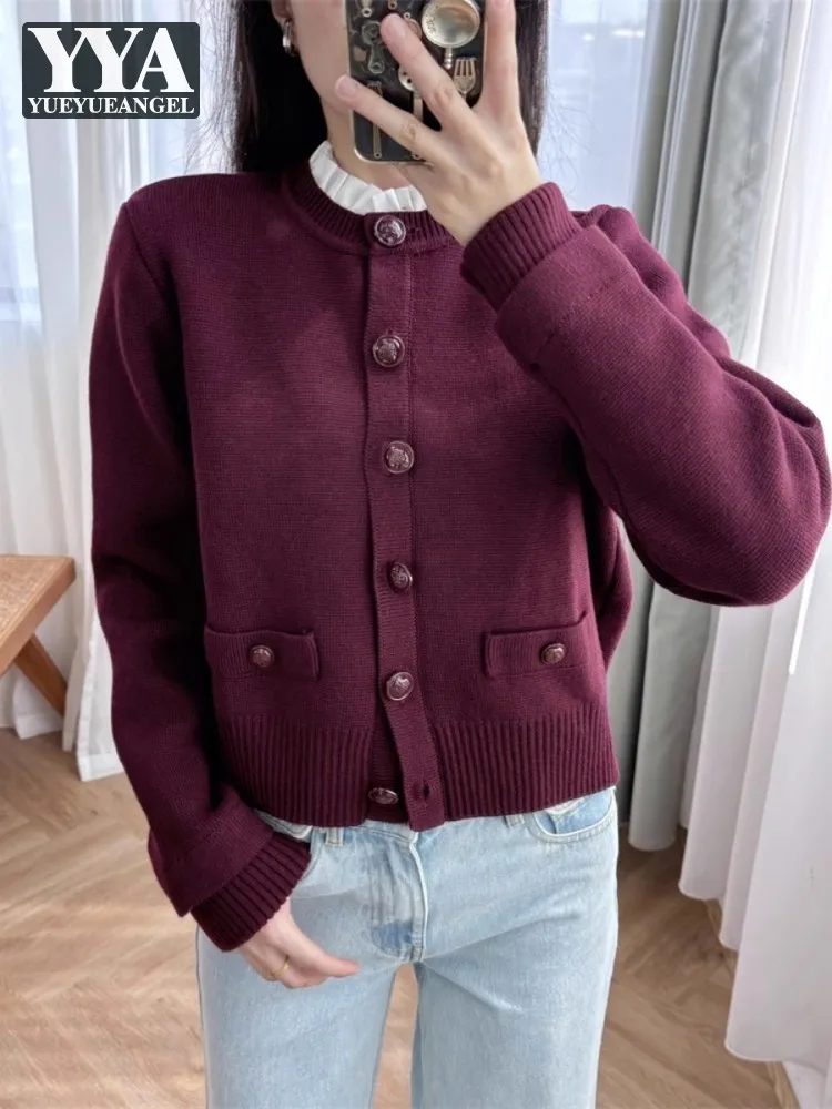 Vintage Women Autumn Ruffles Collar Single Breasted Short Style Sweater Coat Office Ladies Work Casual Knitted Jacket Cardigan