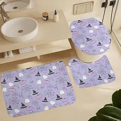 Pink Purple Ghost Bath Mat Set 3 Piece Boo Halloween Soft Bathroom Rugs Bath Mat Contour Rug and Toilet Lid Cover Sets