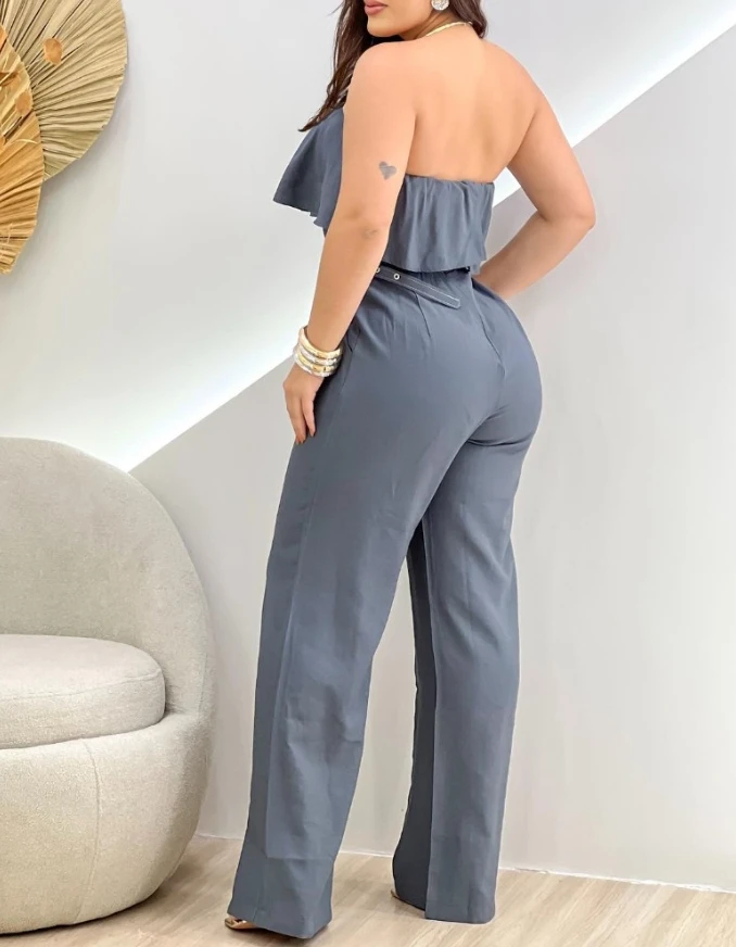 2025 Woman long jumpsuits sexy elegant Bandeau Sleeveless Ruffles Jumpsuit with Belt Casual Waist Pocket Design Loose Fit Romper