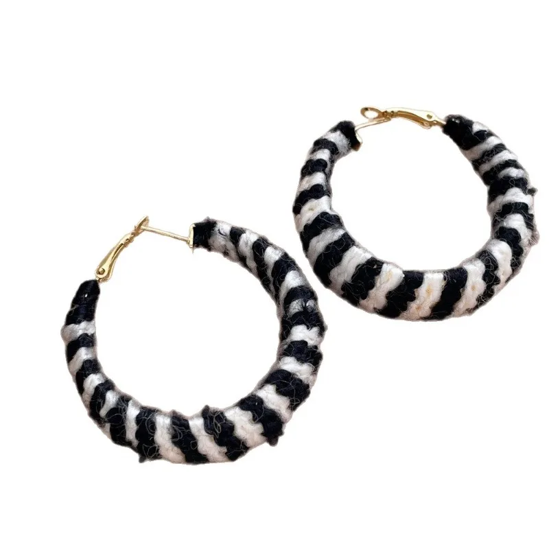Minar Stylish Black White Striped PU Leather Wool Yarn Chunky Circle Large Hoop Earrings for Women Holiday Wholesale Jewelry