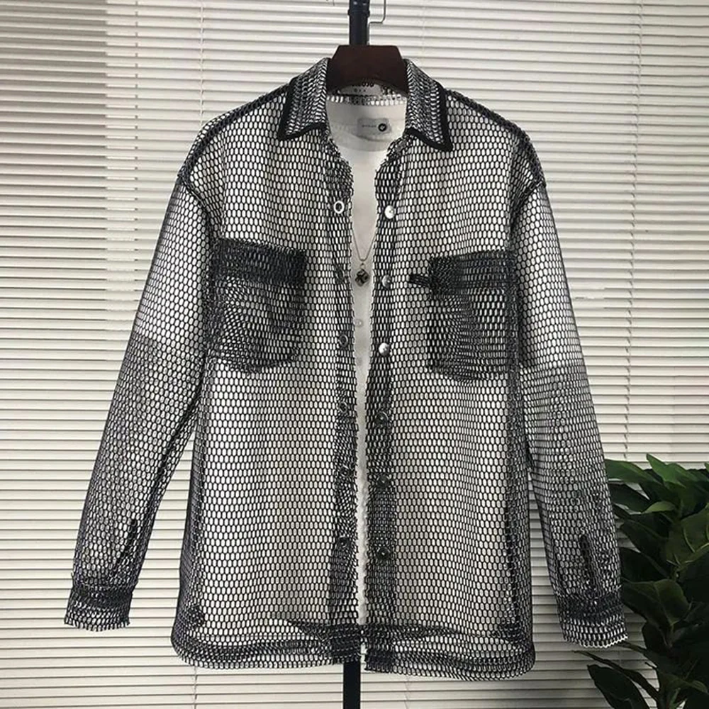 Y2k Casual Mesh Tops for Men Genderless 2024 Spring New Fashion Individuality Loose Versatile Streetwear Retro Shirts Unisex