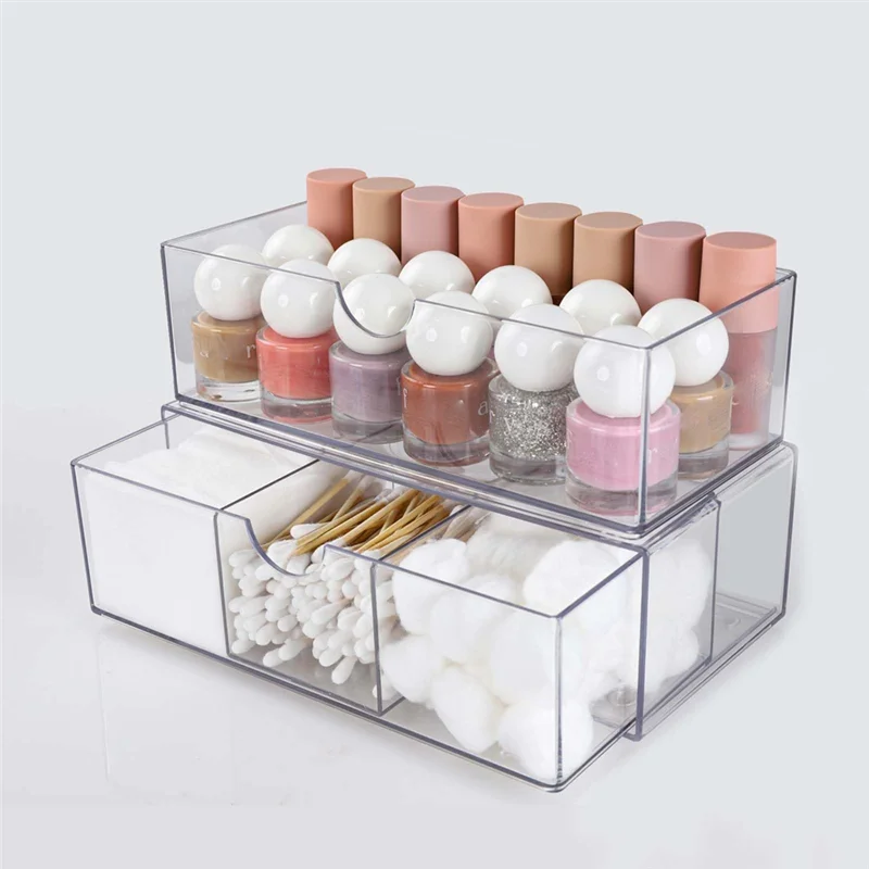 

High Quality Cosmetic Organiser Set Of 2, Make Up Storage With Drawers, Transparent, For Eyeliners, Lipstick, Mascara, Makeup Br