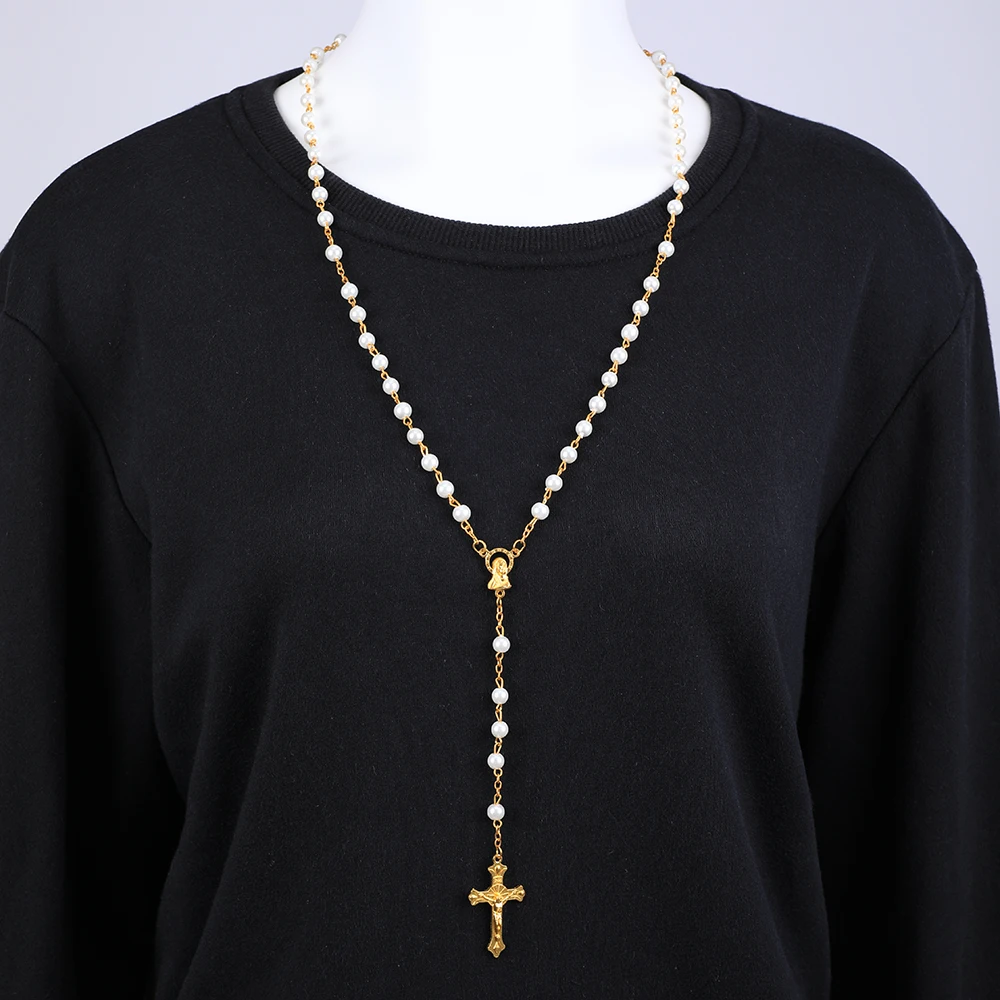 Colar de rosário de pérola redonda, 6mm, para mulheres, crucifixo religioso católico, pingente de cruz, contas longas, corrente, homens, joias de oração, presente