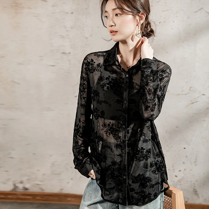 MadBlack-여성용 유럽 몰려 셔츠, 섹시한 옷깃 자수, 빈티지 긴 소매 루즈 쉬어 블라우스, 2025 여름 T54331CC