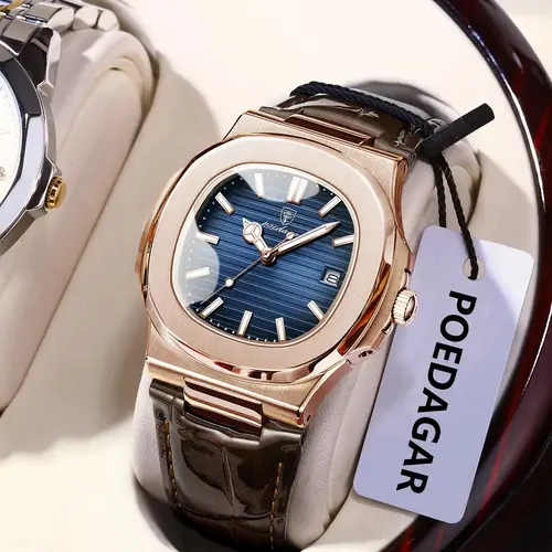 Imagen 2 del producto Reloj POEDAGAR cuadrado a la moda para hombre, Reloj de pulsera resistente al agua con fecha luminosa para hombre de negocios, relojes de cuarzo de cuero informales para hombre, Reloj