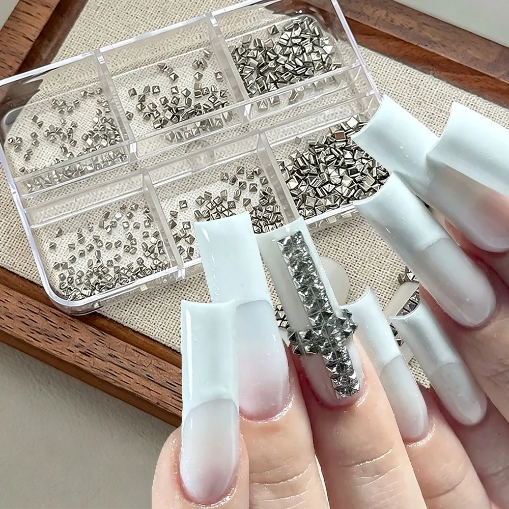 New 6 Grids/Box Nail Art Rivets Kit Silver Metal Spike Studs Nail Charms Decorations Square 3D DIY Nail Embellishments DIY