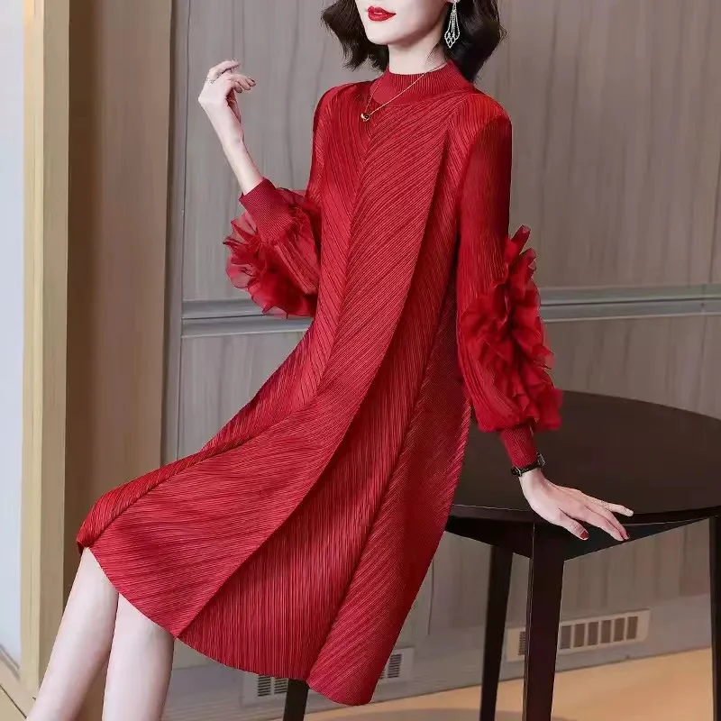 

Woman Miyake Pleated Midi Dress Ruffles Mesh Long Sleeve Half Turtleneck Vintage Style Elegant 2023 Early Spring Wedding Party