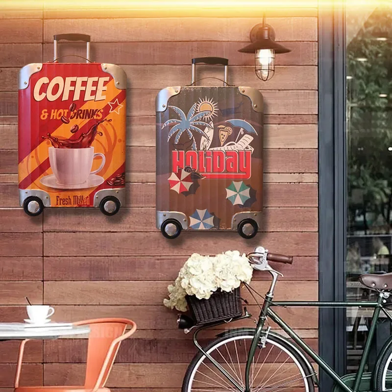 Retro Iron Suitcase Wall Decor, Three Dimensional Luggage Art for Pub, Farmhouse Bar Backdrop, Vintage Metal Hanging Ornament