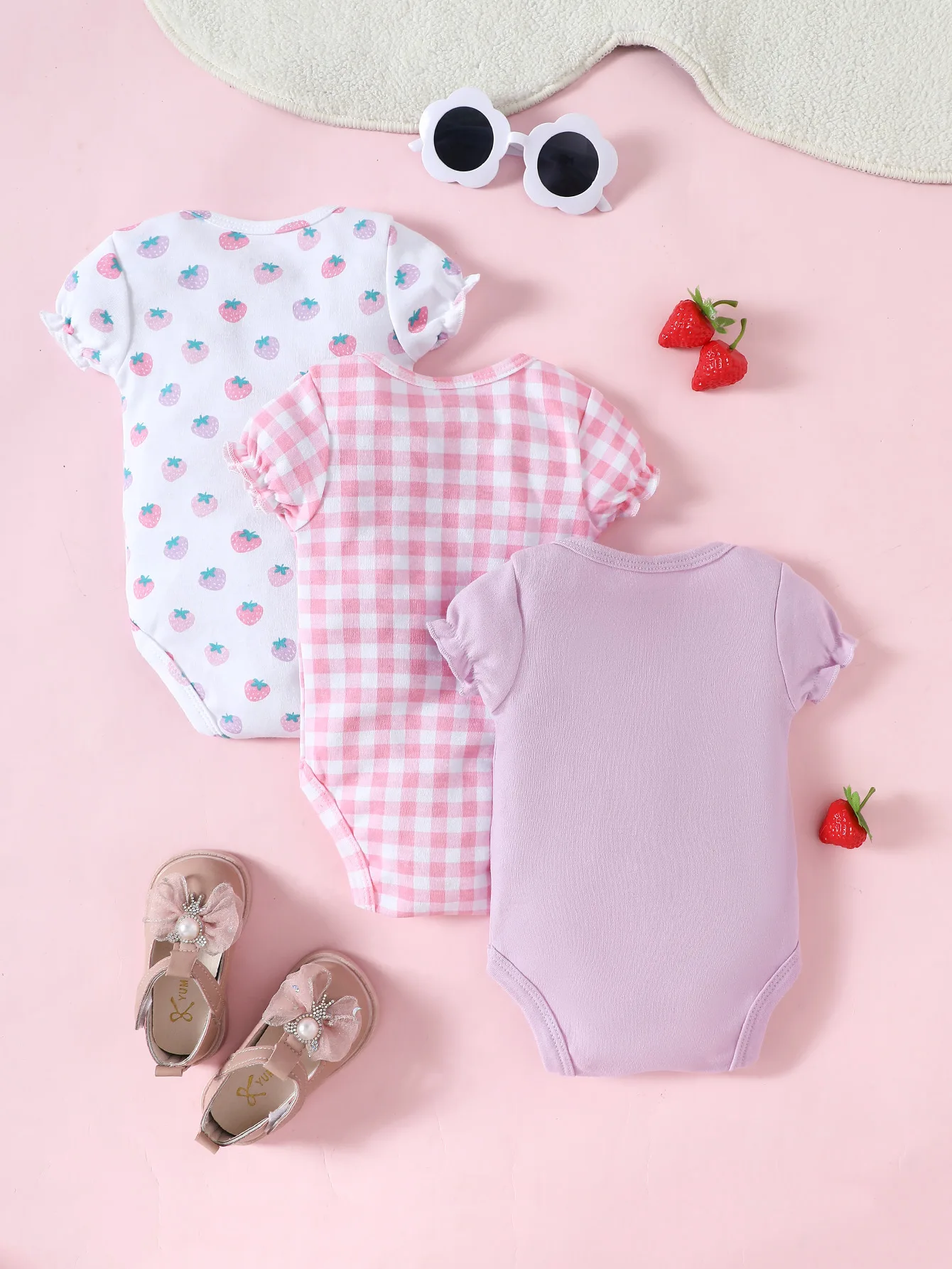 3PCS Summer Girls Princess Sleeves Short Sleeve Buckle Design Triangle jumpsuit Strawberry Pattern  Red and White Plaid Pattern