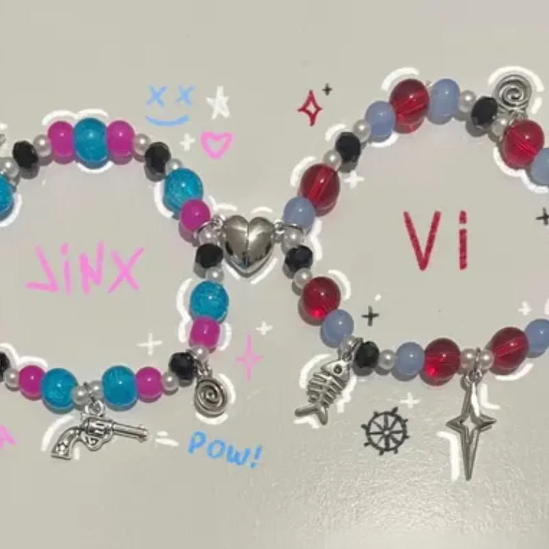 Jinx and Vi matching beaded bracelets, bff, cute, sister, gift idea, jewelry, y2k, charms aesthetic